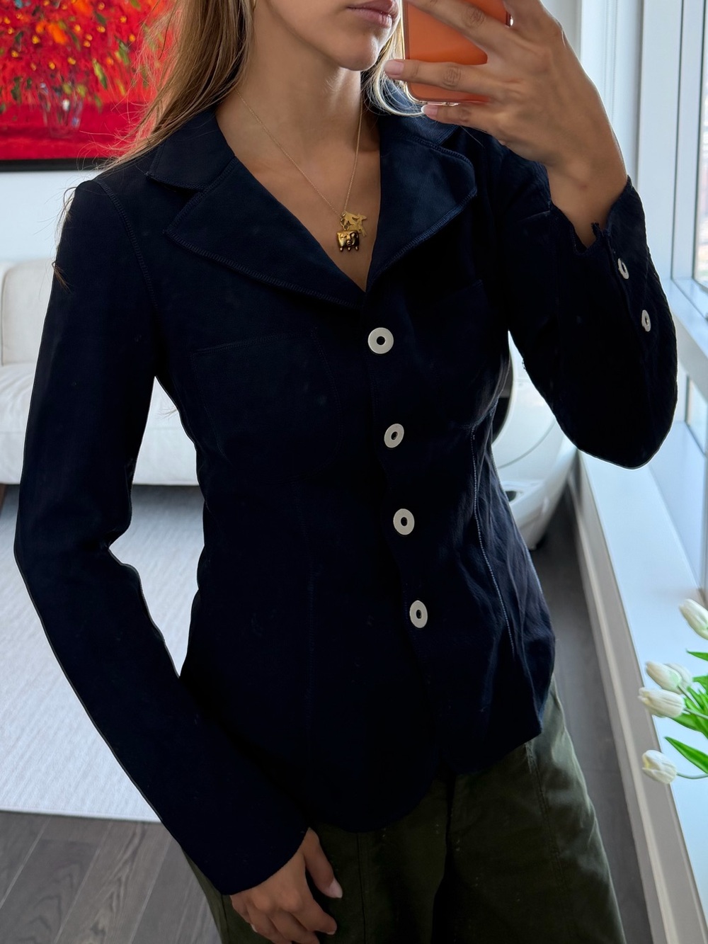Giorgio Armani Navy Stretch Knit Blazer Jacket Italy Size 42 / US 8
